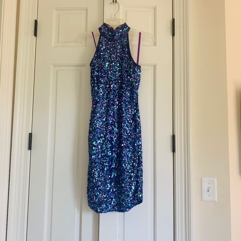 Sequin Party Dress, Silk, Purple, Peak Evenings, Sz 8